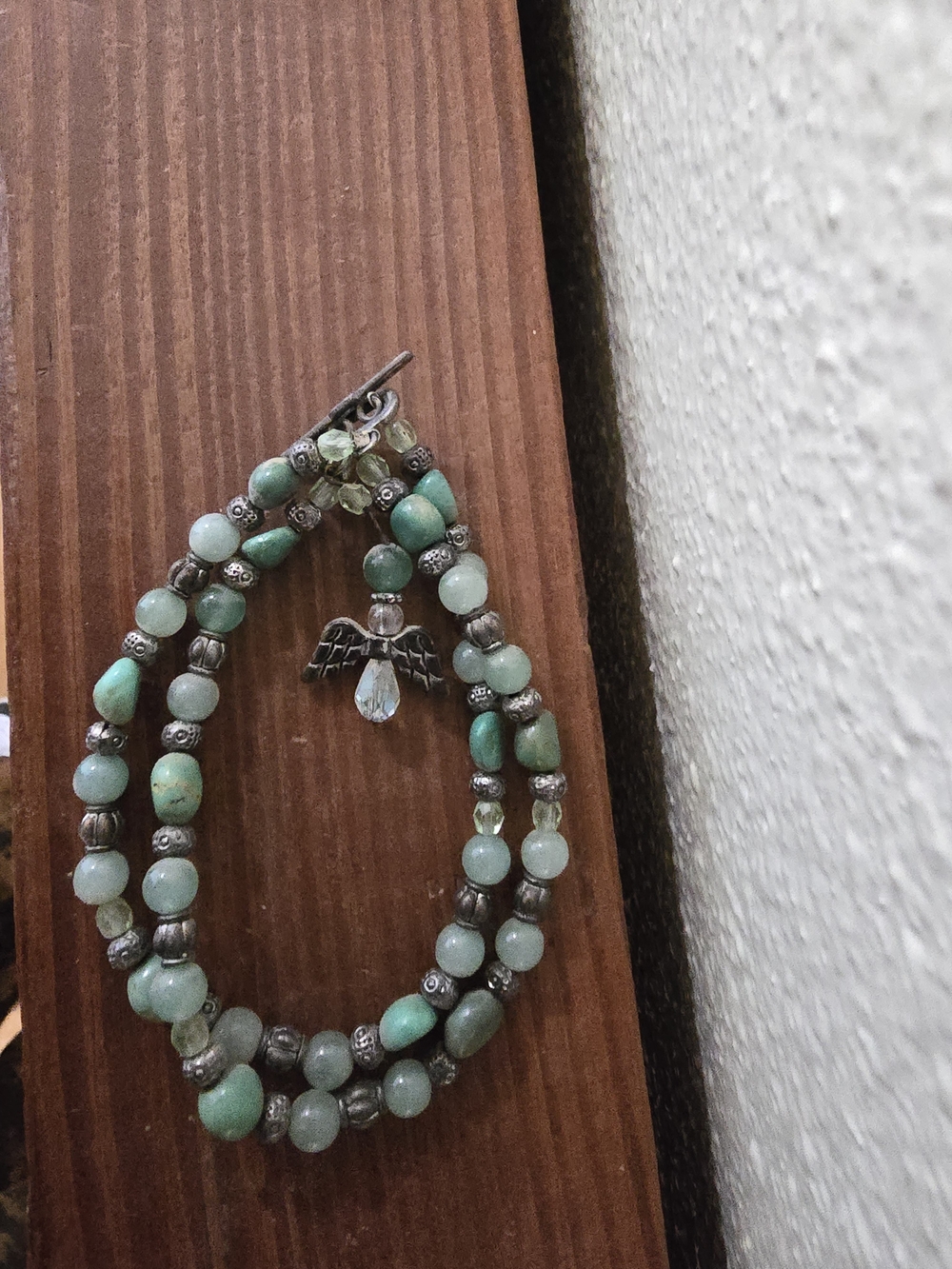 Handcrafted Green Bead Double-Strand Bracelet with Angel Charm